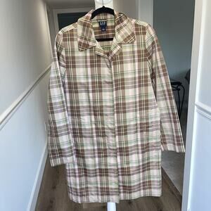 GAP Women L Plaid Lightweight Jacket Trench Coat Brown Pink Green Tartan Preppy